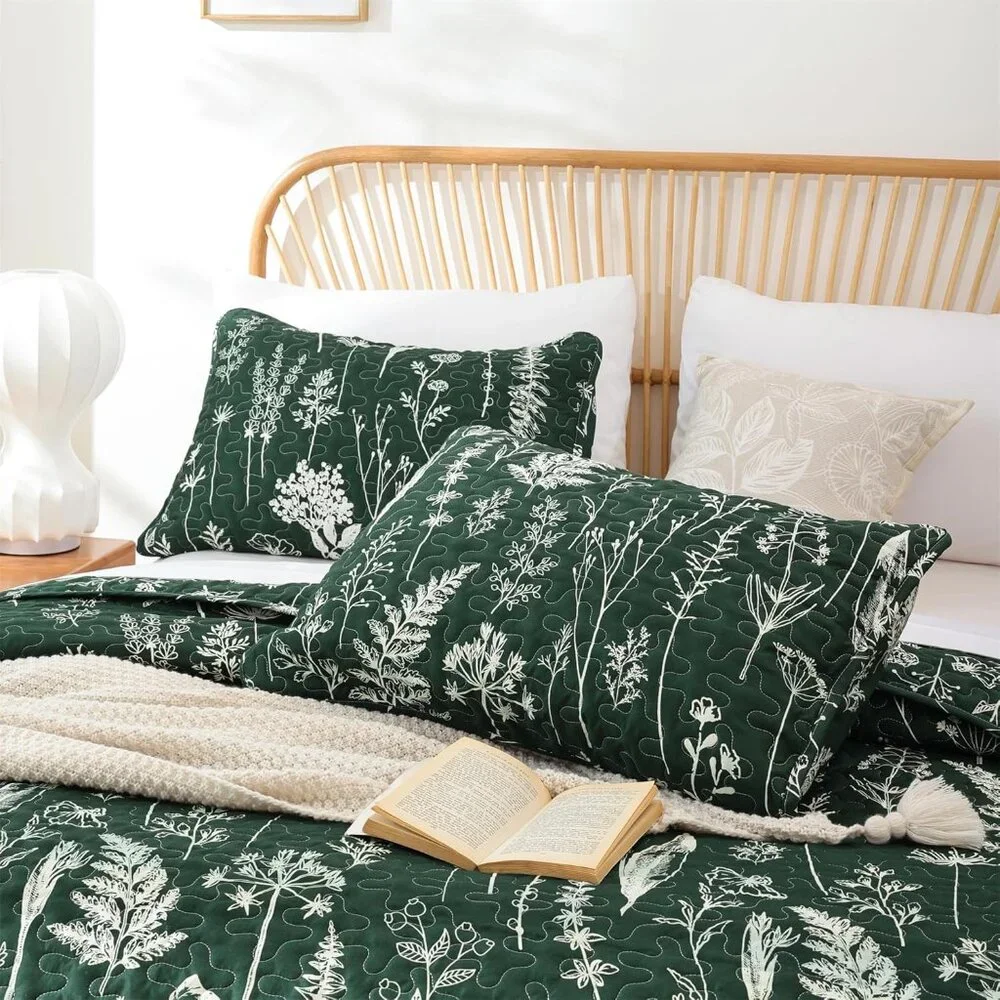 New Quilts Queen Size Emerald Green Floral Queen Quilt Bedding Set Microfiber